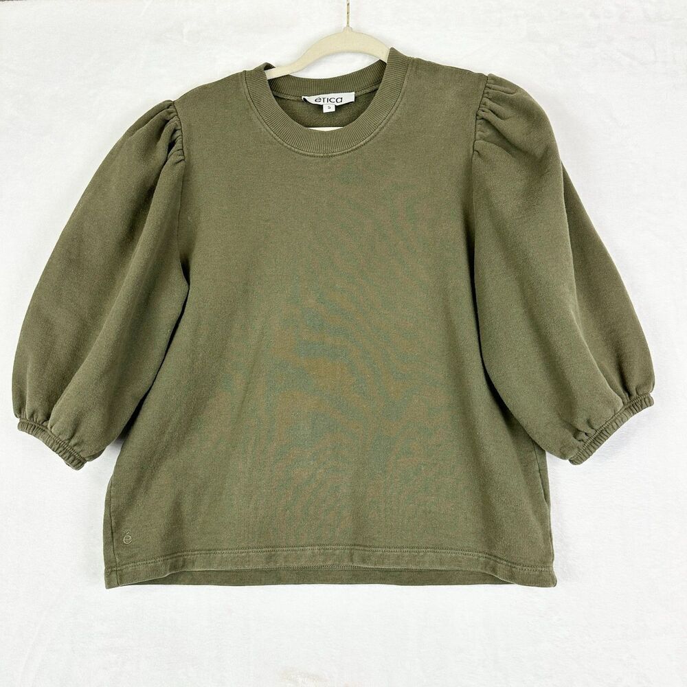 Etica Marie Puff Sleeve Sweatshirt Size Small Sea Turtle Green French Terry - Picture 2 of 5